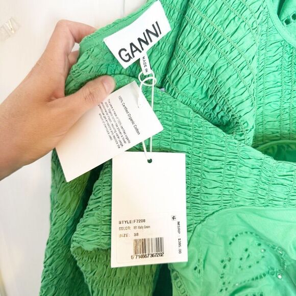 Ganni Broderie Anglaise Cotton Midi Dress in Kelly Green F7208 Women’s 38 / 8 US - Picture 13 of 16